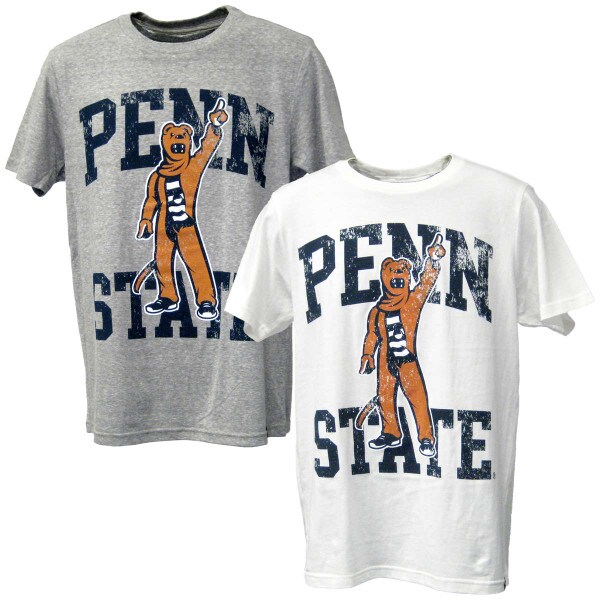 heather gray and white short sleeve t-shirts with distressed screen print Nittany Lion Mascot in front of Penn State